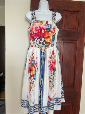 White Floral Midi Dress with Blue Trim